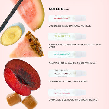 Vials de 2 ml de GUAVA GRANITA Eau de Parfum, ISLA SIRENA Eau de Parfum, MIAMI NECTAR Eau de Parfum, PLUM TONIC Eau de Parfum et QUEENS CARAMEL Eau de Parfum à côté de goyave tranchée, banane, ananas rose et prune, cubes de caramel et une gousse de vanille sur un fond rose avec du texte noir qui indique : 