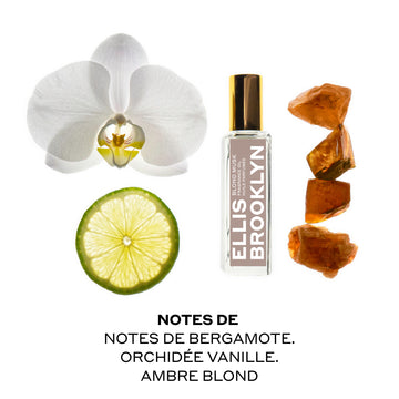 Huile parfumée Blond Musk (15 ml) présentée avec une fleur blanche, une tranche de bergamote et des éclats d'ambre sur fond blanc, au-dessus d'un texte noir indiquant : « Notes de bergamote. Orchidée vanille. Ambre blond. »