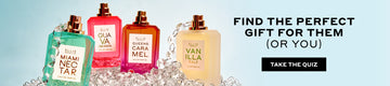 Miami Nectar 50ml Eau De Parfum without cap, Guava Granita 50ml Eau De Parfum without cap, Queens Caramel 50ml Eau De Parfum without cap, and Vanilla Salt 50ml Eau De Parfum without cap resting on piled of beaded chain against blue background with black text that reads "Find The Perfect Gift For Them (Or You)" above black rectangle with white text that reads "Take The Quiz"