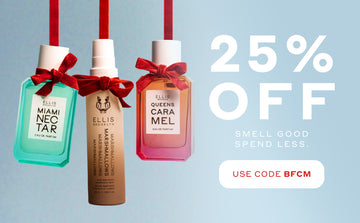 Queens Caramel 50ml, Miami Nectar 50ml and  Marshmallows 50ml each tied near nozzle with red bow and hanging, on blue background next to white rectangle with red text that reads "Use Code BFCM" and white text that reads "25% Off Smell Good Spend Less."