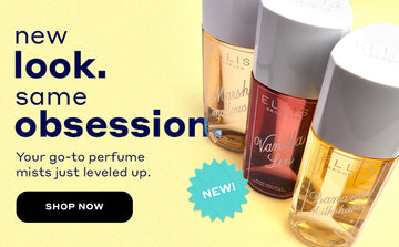 MARSHMALLOWS Perfume Mist 240ml, VANILLA SIN Perfume Mist 240ml, and BANANA MILKSHAKE Perfume Mist 240ml with dark blue text that reads "new look. same obsession. Your go-to perfume mists just leveled up.", a black oval with white text that reads "Shop Now", and a teal bubble with white text that reads "NEW!" all on a yellow background