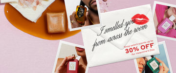 Pink banner with caramel, pink salt, a collage of a model with a a mustache holding VANILLA MAN Eau de Parfum 50ml against his cheek, a model holding APPLE LOVE Eau de Parfum 50ml without a cap, a model in a pink shirt holding FLORIST Eau de Parfum 50ml against her chin, and a model holding MIAMI NECTAR Eau de Parfum 50ml and a white envelope with a red lipstick mark that says "I smelled you from across the room" in black text and "Shop select scents up to 30% off for Valentine's Day' in red text.