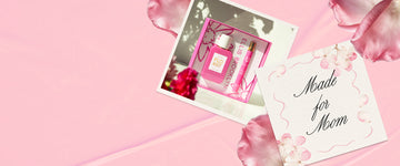 Collage of photo with white border of FLORIST Gift Set on a white background with flower shadows and a pink flower and a piece of white paper with a pink curvy line and flower border with black text that reads 'Made for Mom' with pink rose petals on a pink fabric background