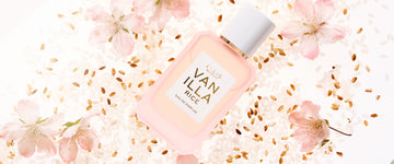VANILLA RICE Eau de Parfum 50ml lays on white rice, toasted rice, and pink sakura blossoms all on white background