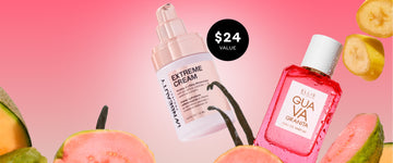 GUAVA GRANITA Eau de Parfum 50ml covered in water droplets and INNBEAUTY Extreme Cream Firming and Lifting Moisturizer next to sliced bananas, guavas and cantaloupes and vanilla beans on pink background with black circle with white text that reads "$24 Value"