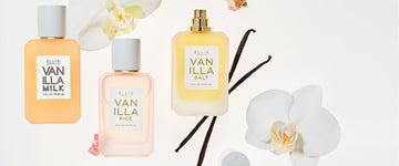 VANILLA MILK Eau de Parfum 50ml, VANILLA RICE Eau de Parfum 50ml, and VANILLA SALT Eau de Parfum 50ml without cap next to vanilla beans, white flowers, a cap, and pink cherry blossoms on a white background