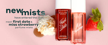 FIRST DATE Perfume Mist 90ml and MISS STRAWBERRY Perfume Mist 90ml laying next to whipped cream covered in date syrup and a strawberry with gray text that reads "new mists have entered the chat. meet first date & miss strawberry perfume mists" all on pink background