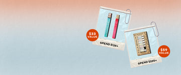 Miami Nectar 10ml and Guava Granita 10ml on blue background in polaroid frame with paper clip and black text that reads "Spend $125+" and orange circle with white text that reads "$33 Value" next to Memoir Fragrance Gift Set on blue background in polaroid frame with paper clip and black text that reads "Spend $200+" and orange circle with white text that reads "$59 Value Gift", on blue ombre background.