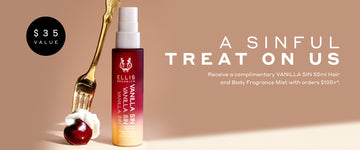 Vanilla Sin 50ml Hair and Body Fragrance Mist next to a cherry topped in whipped cream on a fork on a beige background with white text that reads "A Sinful Treat On Us. Receive a complimentary VANILLA SIN 50ml Hair and Body Fragrance Mist with orders $100+*." and a black circle with '$35 Value' in white text.