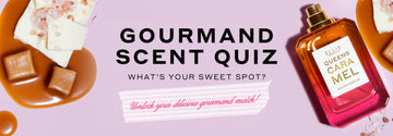 Queens Caramel 50ml Eau De Parfum without cap surrounded by melted caramel, white chocolate, and pink salt on pink background with black text that reads  "Gourmand Scent Quiz What's Your Sweet Spot?" above pink and white stripe piece of tape with pink text that reads "Unlock your delicious gourmand match!"