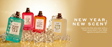 Miami Nectar 50ml Eau De Parfum without cap, Guava Granita 50ml Eau De Parfum without cap, Queens Caramel 50ml Eau De Parfum without cap, and Vanilla Salt 50ml Eau De Parfum without cap resting on pile of beaded chain against gold background with white text that reads "New Year, New Scent. Head into the new year with a fresh scent start. Your 2026 signature scent awaits." 