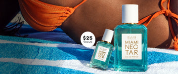MIAMI NECTAR eau de parfum 50 ml bottle and mini MIAMI NECTAR 7.5ml bottle displayed on a blue and white striped beach towel in front of a woman wearing an orange bikini, with a $25 value callout.
