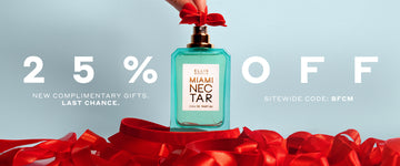 Miami Nectar 50ml Eau De Parfum without cap surrounded by red ribbon with hand placing red bow on top, on blue background with white text that reads "25% Off New Complimentary Gifts. Last Chance. Sitewide Code: BFCM"