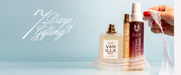Vanilla Salt 50ml Eau De Parfum without cap, Vanilla Milk 10ml Eau De Parfum without cap, and Vanilla Sin Fragrance Mist without cap, all circled by white, lace ribbon with hand pulling on the ribbon on blue background with white text that reads "7 Days of Gifting"