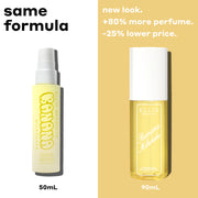 BANANA MILKSHAKE Perfume Mist 50ml with "50ml" in black text under the bottle on white background with black text that reads "same formula" and MARSHMALLOWS Perfume Mist 90ml with "90ml" in white text under the bottle on yellow background with white text that reads "new look. +80% more perfume. -25% lower price."