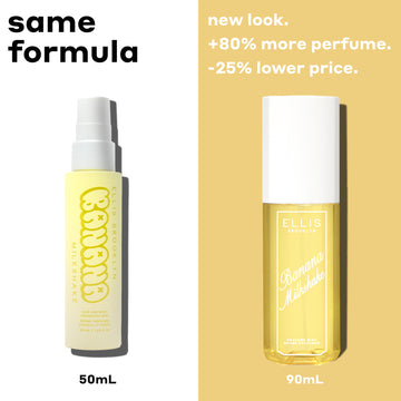 BANANA MILKSHAKE Perfume Mist 50ml with "50ml" in black text under the bottle on white background with black text that reads "same formula" and MARSHMALLOWS Perfume Mist 90ml with "90ml" in white text under the bottle on yellow background with white text that reads "new look. +80% more perfume. -25% lower price."