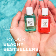 Hands holding Miami Nectar 7.5ml Eau De Parfum Mini Dabber and Guava Granita 7.5ml Eau De Parfum Mini Dabber on the surface of pool water, white Ellis Brooklyn logo, and white text that reads "Try Our Beachy Bestsellers."