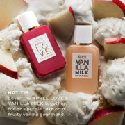 Apple Love 7.5ml Eau De Parfum Mini Dabber and Vanilla Milk 7.5ml Eau De Parfum Mini Dabber on sliced red apples and vanilla ice cream with white text that reads 