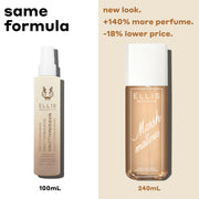 MARSHMALLOWS Perfume Mist 100ml with "100ml" in black text under the bottle on white background with black text that reads "same formula" and MARSHMALLOWS Perfume Mist 240ml with "240ml" in brown text under the bottle on beige background with brown text that reads "new look. +140% more perfume. -18% lower price."