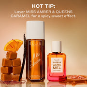 Image featuring a 250mL bottle of Miss Amber perfume mist and a Queens Caramel Eau de Parfum 50mL bottle, with text at the top reading 