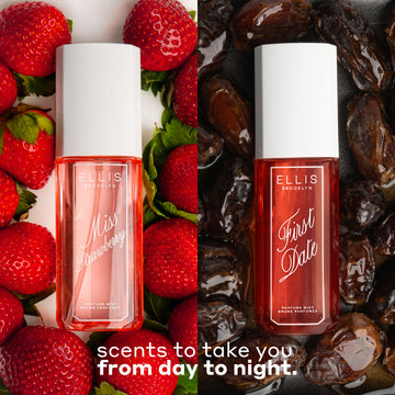 MISS STRAWBERRY Perfume Mist 90ml on background of strawberries on white surface and FIRST DATE Perfume Mist 90ml on background of dates covered in date syrup with white text that reads "scents to take you from day to night."