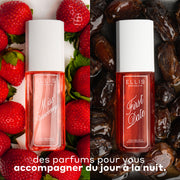 Brume Parfumée MISS STRAWBERRY 90ml sur fond de fraises sur une surface blanche et Brume Parfumée FIRST DATE 90ml sur fond de dattes couvertes de sirop de datte avec un texte blanc qui dit « des parfums pour vous accompagner du jour à la nuit ».