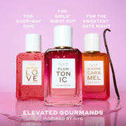 APPLE LOVE Eau de Parfum 50ml, PLUM TONIC Eau de Parfum 50ml, and QUEENS CARAMEL Eau de Parfum 50ml covered in water droplets next to vanilla bean and on top of water puddle on pink background with white text that reads "For Everyday Chic. For Girls' Night Out. For The Sweetest Date Night. Elevated Gourmands Inspired by NYC"
