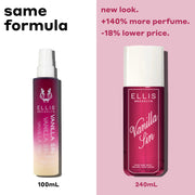 VANILLA SIN Perfume Mist 100ml with "100ml" in black text under the bottle on white background with black text that reads "same formula" and VANILLA SIN Perfume Mist 240ml with "240ml" in dark pink text under the bottle on light pink background with dark pink text that reads "new look. +140% more perfume. -18% lower price."