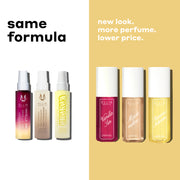 VANILLA SIN Perfume Mist 50ml, MARSHMALLOWS Perfume Mist 50ml, BANANA MILKSHAKE Perfume Mist 50ml on white background with black text that reads "same formula" and VANILLA SIN Perfume Mist 90ml, MARSHMALLOWS Perfume Mist 90ml, BANANA MILKSHAKE Perfume Mist 90ml on yellow background with white text that reads "new look. more perfume. lower price."