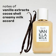 VANILLA MILK 50ml Eau de Parfum next to vanilla beans on gray background with black text that reads 