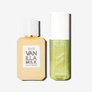 50mL bottle of Vanilla Milk eau de parfum next to a 90mL bottle of Forever Pistachio Perfume Mist set in front of a white background.