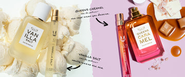 Black arrow and text that reads "Vanilla Salt Eau De Parfum- Vanilla Meets The Sea." pointing at Vanilla Salt 50ml Eau De Parfum and Vanilla Salt 10ml Eau De Parfum Travel Spray on scoops of vanilla ice cream, on white backgorund, next to black arrow and text that reads "Queens Caramel Eau De Parfum- The Royal Treat You Deserve." pointing at Queens Caramel 10ml Eau De Parfum Travel Spray and Queens Caramel 50ml Eau De Parfum with cap removed, caramel, white chocolate, and pink salt on light pink background.