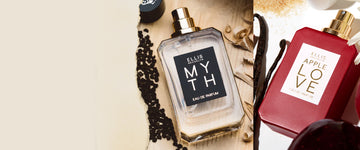 Collage image of torn paper, Myth 50ml Eau De Parfum with cap removed on wooden table with seeds and wood shavings, and Apple Love 50ml Eau De Parfum without cap on white table surrounded by vanilla beans, brown sugar, fruits, and white flowers.