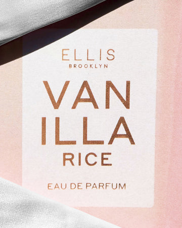Closeup of VANILLA RICE Eau de Parufm 50ml covered by white fabric in two of the corners