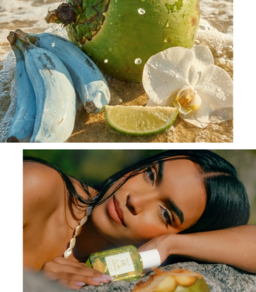 Collage of three blue bananas, slice of lime, white flower, and a green coconut on tan sand and ocean water with water droplets in the air and a woman with brown hair wearing a white shell halter bikini top laying down with her head on her arm on a gray rock and ISLA SIRENA Eau de Parfum 50ml laying in front of her with blurred green trees in the background