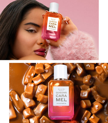 Model with black hair and French manicure wearing pink fur jacket holding Queens Caramel 50ml Eau De Parfum in front of face on light pink background above image of Queens Caramel 50ml Eau De Parfum resting on melting salted caramel candies.
