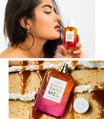 Collage image of model with black hair and French manicure wearing pink fur jacket and gold necklace holding Queens Caramel 50ml Eau De Parfum in front of mouth, on white background and Queens Caramel 50ml Eau De Parfum with cap removed on layered vanilla cake with vanilla frosting and melted caramel.