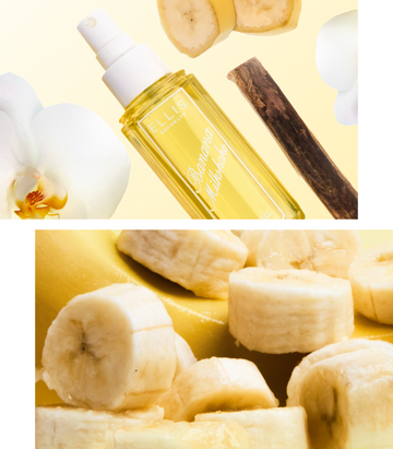 Collage of BANANA MILKSHAKE Perfume Mist 240ml without cap, 1 white flower with yellow middle, white flower petal, strip of wood. and 2 slices of banana on a yellow background and a closeup of banana slices laying on top of an unpeeled banana