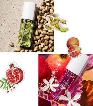 Collage of a FOREVER PISTACHIO Perfume Mist 90ml on tan marble and pile of pistachios overlaid with a drawn image of a pistachios with a white outline and a LOVE POM Perfume Mist 90ml in pink wavy bowl filled with pomegranates, white flowers, and pink flowers on a tan, wooden table and drawn images of a sliced pomegranate and blood oranges outlined in white
