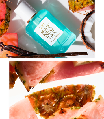 Collage of MIAMI NECTAR Eau de Parfum 50ml next to pink pineapple slices, vanilla beans, and half a coconut against a white background and slices of pink pineapple against a white background 