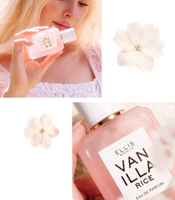 Collage of a woman with blonde haor wearing a white lace shirt holding VANILLA RICE Eau de Parfum 50ml, a closeup of a hand holding VANILLA RICE Eau de Parfum against a white lace shirt, and pink sakura blossoms