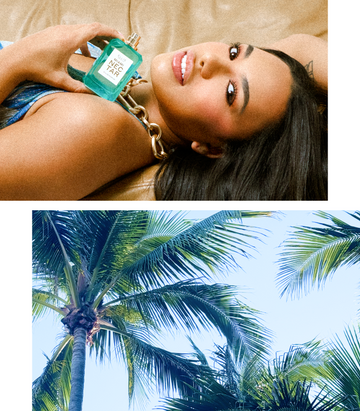 Collage of a woman with brown hair wearing a gold necklace and blue dress laying on tan couch holding MIAMI NECTAR Eau de Parfum 50ml without cap and palm trees against blue sky