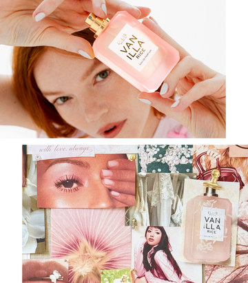 Collage of woman with red hair wearing a pink shirt holding VANILLA RICE Eau de Parfum 50ml without cap above her head on a gray background and collage of pink and white flowers, lips holding white flower, woman's eyes with hand covering one eye, pink text that says "with love, always", white petals on blue background, closeup of white dresses, a woman with brown hair wearing a pink shirt on a white background, woman with blonde hair holding a red purse, VANILLA RICE Eau de Parfum 50ml covered in rice
