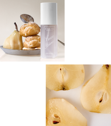 Collage of COCOA BLANCO Perfume Mist 90ml next to metal spoon and metal plate of cream puffs and a peeled pear with white chocolate drizzle on a tan background and halved pears on a white background