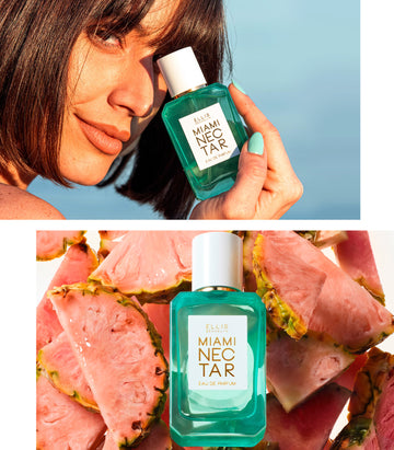 Image of model with short black hair and teal nail polish holding Miami Nectar 50ml Eau De Parfum near face against blue background, above image of Miami Nectar 50ml Eau De Parfum on slices of pink pineapples, on white background.