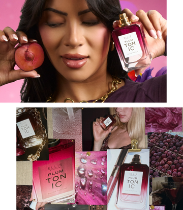 A collage-style image of PLUM TONIC eau de parfum 50mL. The top panel shows a woman holding a plum and a bottle of PLUM TONIC eau de parfum 50mL against a pink background.