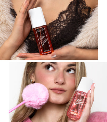 Collage of woman in black lace top and white fuzzy sweater holding FIRST DATE Perfume Mist 90ml between her two palms in front of her chest and woman with blonde hair in a pink sweater and gold hoop earrings looking up and holding MISS STRAWBERRY Perfume Mist 90ml against one cheek and a pink pen with a pink pompom on the end against the other cheek 
