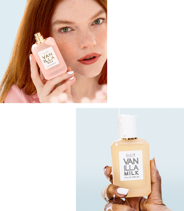 VANILLA RICE 50ml Eau de Parfum bottle held beside a red-haired woman's face, paired with VANILLA MILK 50ml Eau de Parfum bottle held in a hand with white nails and dripping milk.