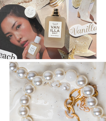 Collage of VANILLA SALT Eau de Parfum 50ml with cap sitting next to bottle sitting on paper collage of model with black hair holding VANILLA SALT Eau de Parfum 50ml against her chin, black text that reads 'beach' on white background, tan sand, tan crochet hat, gold star, white and brown cowboy boots, tan text that reads 'vanilla' on a white background and a block of tan and gray ombre and white pearl necklace with gold chain sitting in melted vanilla bean ice cream