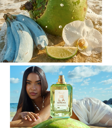 Collage of a green coconut, bunch of blue bananas, white flower and lime slice sit on ocean water and sand with water droplets in the air and woman with brown hair wearing a white shell halter neck bikini top and white skirt lays down on her side with ISLA SIRENA Eau de Parfum 50ml on a green coconut in front of her with a blue sky and white clouds in the background